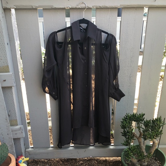 Dark gray sheer button up | high low - Picture 2 of 5